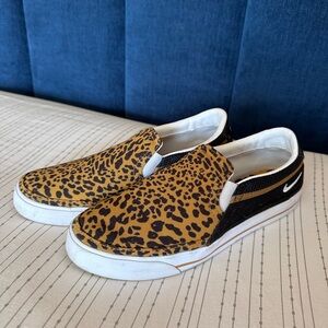Nike Leopard Print Slip-On Flats in Tan, Black & White